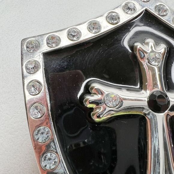 Rhinestone Cross Shield Black Silver Belt Buckle Western Gothic Statement ✨ - Picture 5 of 12